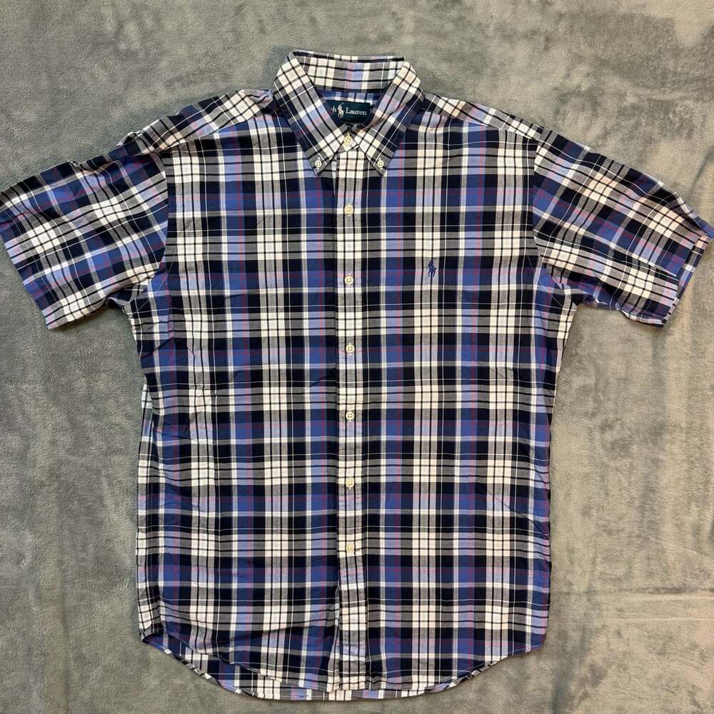 Ralph Lauren Custom Fit Plaid Short Sleeve Shirt Size M Blue